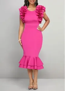 Modlily Hot Pink Ruffle Short Sleeve Bodycon Dress - L