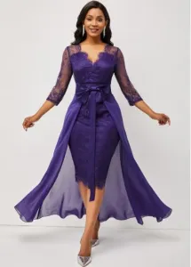 Modlily Lace Patchwork Purple 3/4 Sleeve Multiway Dress - L
