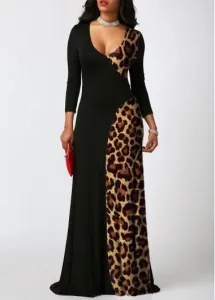 Modlily Leopard Contrast 3/4 Sleeve Maxi Dress - S