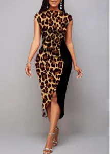Modlily Leopard Short Sleeve Boat Neck Dress - L