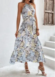 Modlily Light Blue Bowknot Floral Print Belted Strappy Dress - S