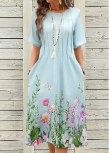 Modlily Light Blue Breathable Floral Print A Line Dress - L
