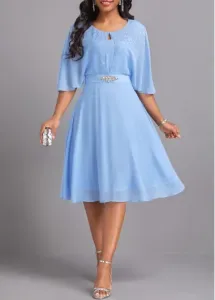 Modlily Light Blue Hot Drilling 3/4 Sleeve Round Neck Dress - XL