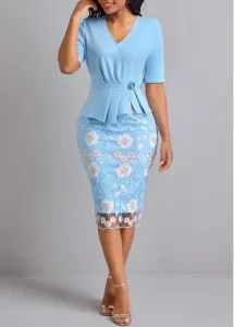 Modlily Light Blue Lace Short Sleeve Bodycon Dress - L #888556