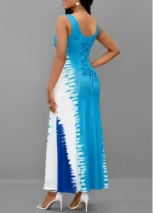 Modlily Light Blue Lace Up Tie Dye Print Maxi Dress - M
