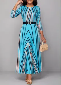 Modlily Light Blue Pleated Geometric Print Maxi Dress - XXL