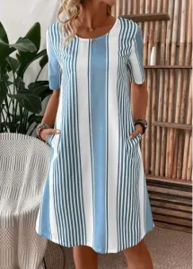 Modlily Light Blue Pocket Striped Short Sleeve Shift Dress - L