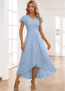 Modlily Light Blue Twist High Low Short Sleeve Dress - L