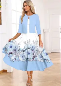 Modlily Light Blue Two Piece Floral Print Dress and Cardigan - M #1261767