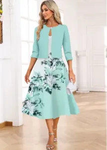 Modlily Light Blue Two Piece Floral Print Dress and Cardigan - S #1265031