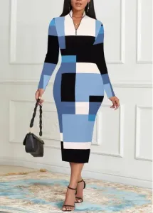 Modlily Light Blue Zipper Geometric Print Long Sleeve Dress - XL