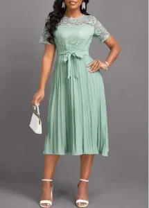 Modlily Light Green Lace Belted Short Sleeve Round Neck Dress - S