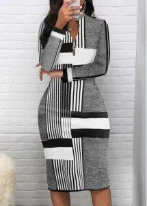 Modlily Light Grey Marl Patchwork Striped Stand Collar Dress - M