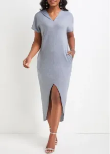 Modlily Light Grey Pocket Short Sleeve Hooded Bodycon Dress - XL