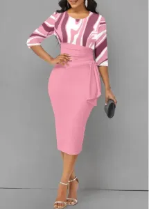 Modlily Light Pink Asymmetry Geometric Print 3/4 Sleeve Dress - S