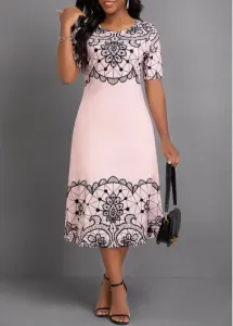Modlily Light Pink Geometric Print Short Sleeve Round Neck Dress - L