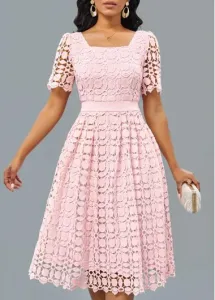Modlily Light Pink Patchwork Short Sleeve Square Neck Dress - XXL