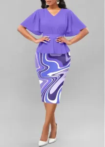 Modlily Light Purple Split Geometric Print Short Sleeve Bodycon Dress - S