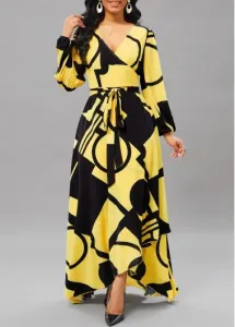 Modlily Light Yellow Cross Hem Geometric Print High Low Dress - S
