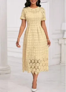 Modlily Light Yellow Embroidery Short Sleeve Round Neck Dress - L