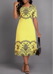 Modlily Light Yellow Geometric Print Short Sleeve Round Neck Dress - L