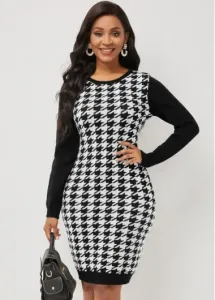 Modlily Long Sleeve Color Block Houndstooth Print Sweater Dress - S