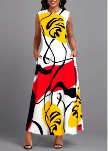 Modlily Multi Color Breathable Graffiti Print Maxi Dress - L