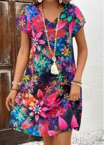 Modlily Multi Color Floral Print Short Sleeve Shift Dress - 2XL