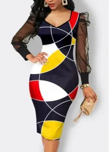 Modlily Multi Color Mesh Geometric Print Bodycon Dress - XXL