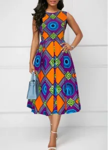 Modlily Multi Color Patchwork Tribal Print Sleeveless Round Neck Dress - XXL