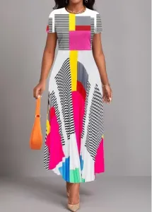 Modlily Multi Color Pleated Geometric Print Maxi Dress - L