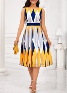 Modlily Multi Color Umbrella Hem Geometric Print Sleeveless Dress - XL