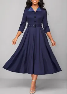 Modlily Navy Button Turn Down Collar Plaid Belted Dress - XL
