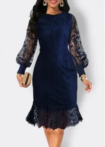 Modlily Navy Lace Long Sleeve Scoop Neck Bodycon Dress - L