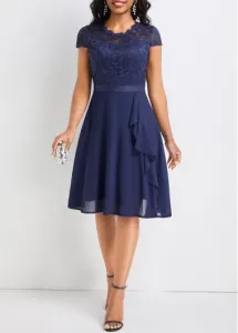 Modlily Navy Lace Short Sleeve Round Neck Dress - M #1008945