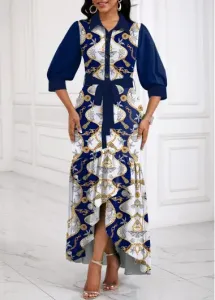 Modlily Navy Patchwork Tribal Print High Low Belted Dress - M