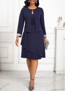 Modlily Navy Sequin Two Piece Suit Long Sleeve Dress and Cardigan - XL