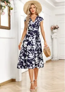 Modlily Navy Surplice Floral Print Belted Short Sleeve Dress - XL