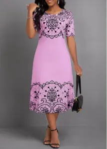 Modlily Neon Pink Geometric Print Short Sleeve Round Neck Dress - S
