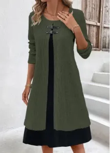 Modlily Olive Green Fake 2in1 A Line Dress - L