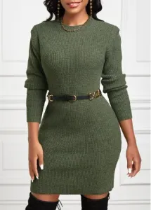 Modlily Olive Green Short Long Sleeve Round Neck Dress - L