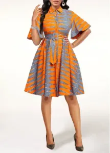 Modlily Orange Button Tribal Print Belted Short Sleeve Dress - M