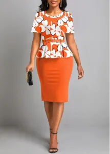 Modlily Orange Fake 2in1 Floral Print Belted Bodycon Dress - M