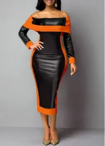 Modlily Orange Faux Leather Long Sleeve Bodycon Dress - L