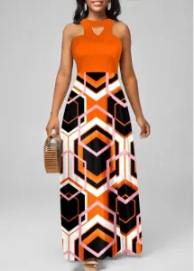 Modlily Orange Geometric Print Halter Maxi Dress - XXL