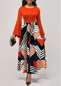 Modlily Orange Hanky Sleeve Geometric Print Round Neck Dress - XXL