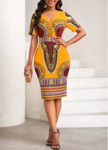 Modlily Orange Patchwork African Tribal Print Short Sleeve Bodycon Dress - L