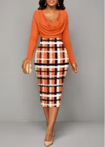 Modlily Orange Patchwork Plaid Long Sleeve Draped Neck Bodycon Dress - XL