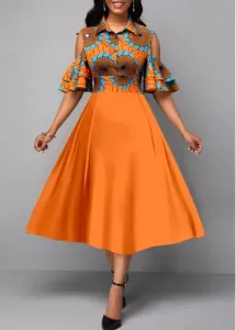 Modlily Orange Ruffle Tribal Print Half Sleeve Dress - S