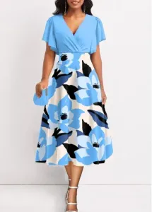 Modlily Light Blue Surplice Floral Print Short Sleeve Dress - S